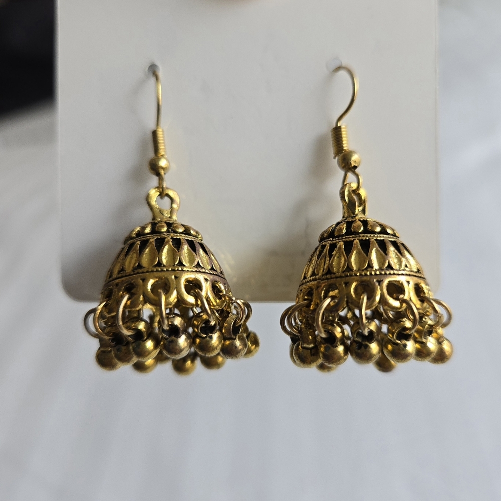 Traditional Indian Pakistani Ethnic Small Gold Jhumkha Fish Hook Boho Earrings